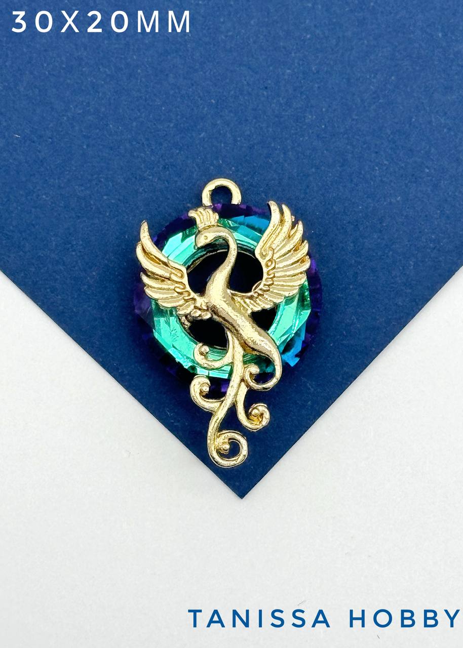 Подвеска птица Феникс, рондель Bermuda blue, позолота, Д144