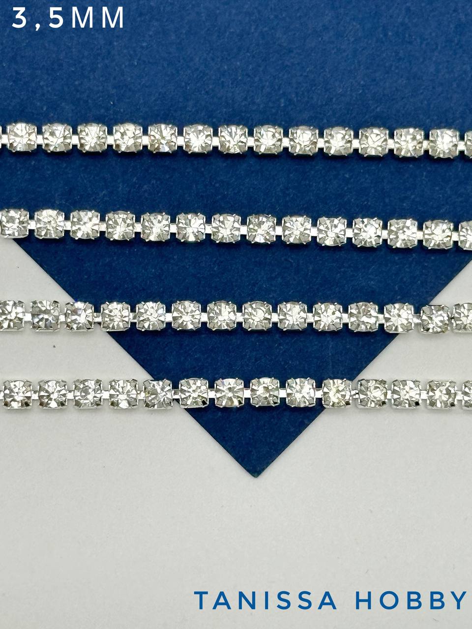 Стразовая лента цепочка SS14 3,5мм прозрачный/серебро, 10см, СТ037