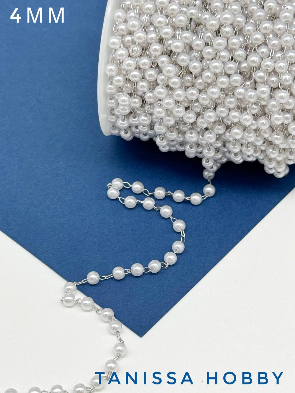 Цепочка тонкая с акриловым жемчугом 4мм, 50см, родий, СН204