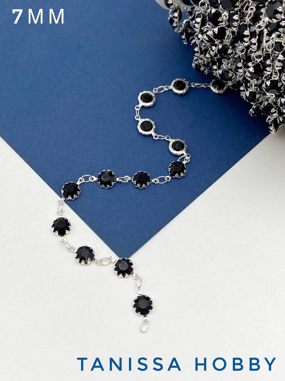 Цепочка тонкая, хрусталь 7мм, черный, 50см, серебро, СН237