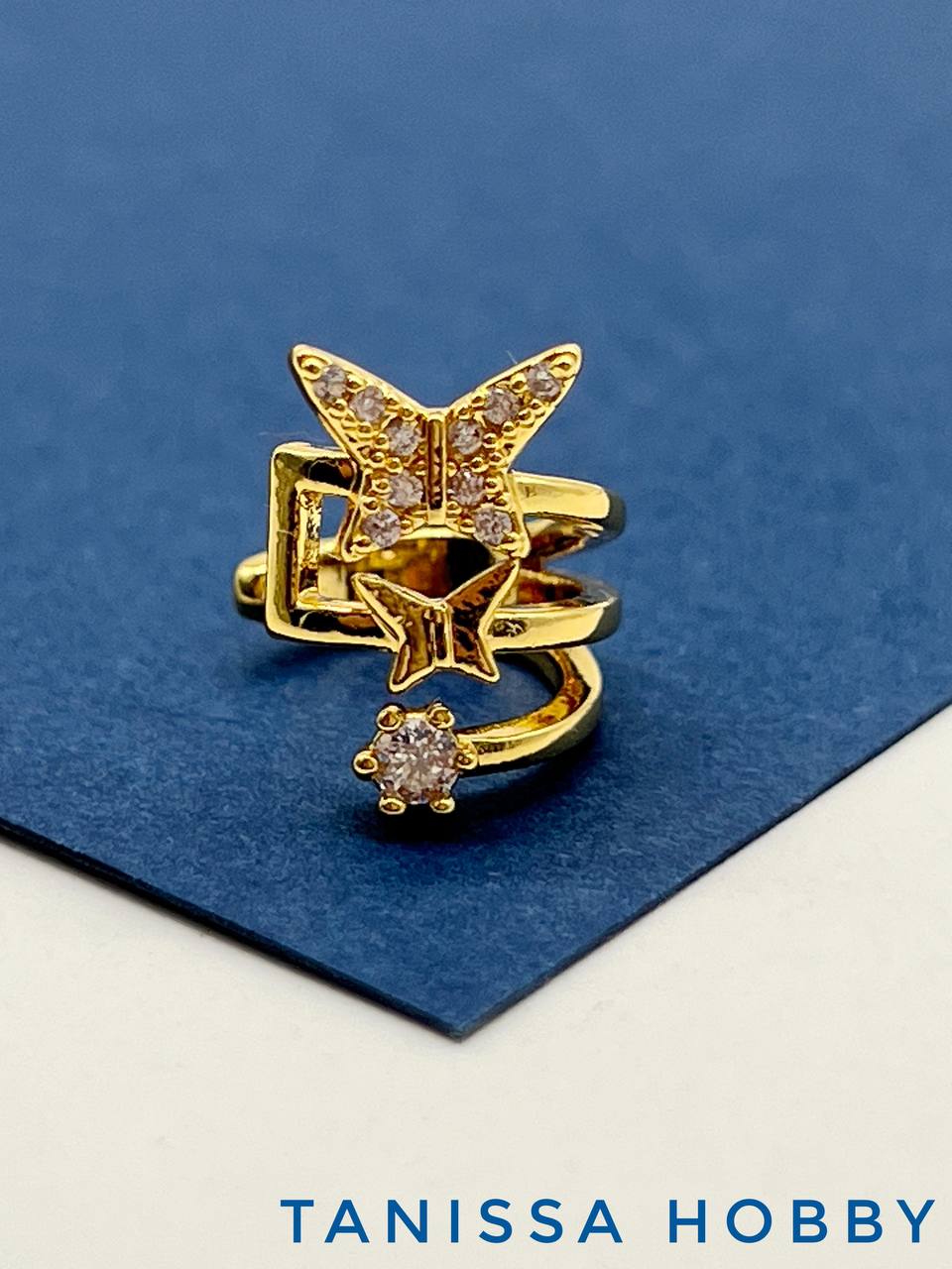 Кафф тройной бабочка с фианитами, позолота, Е221