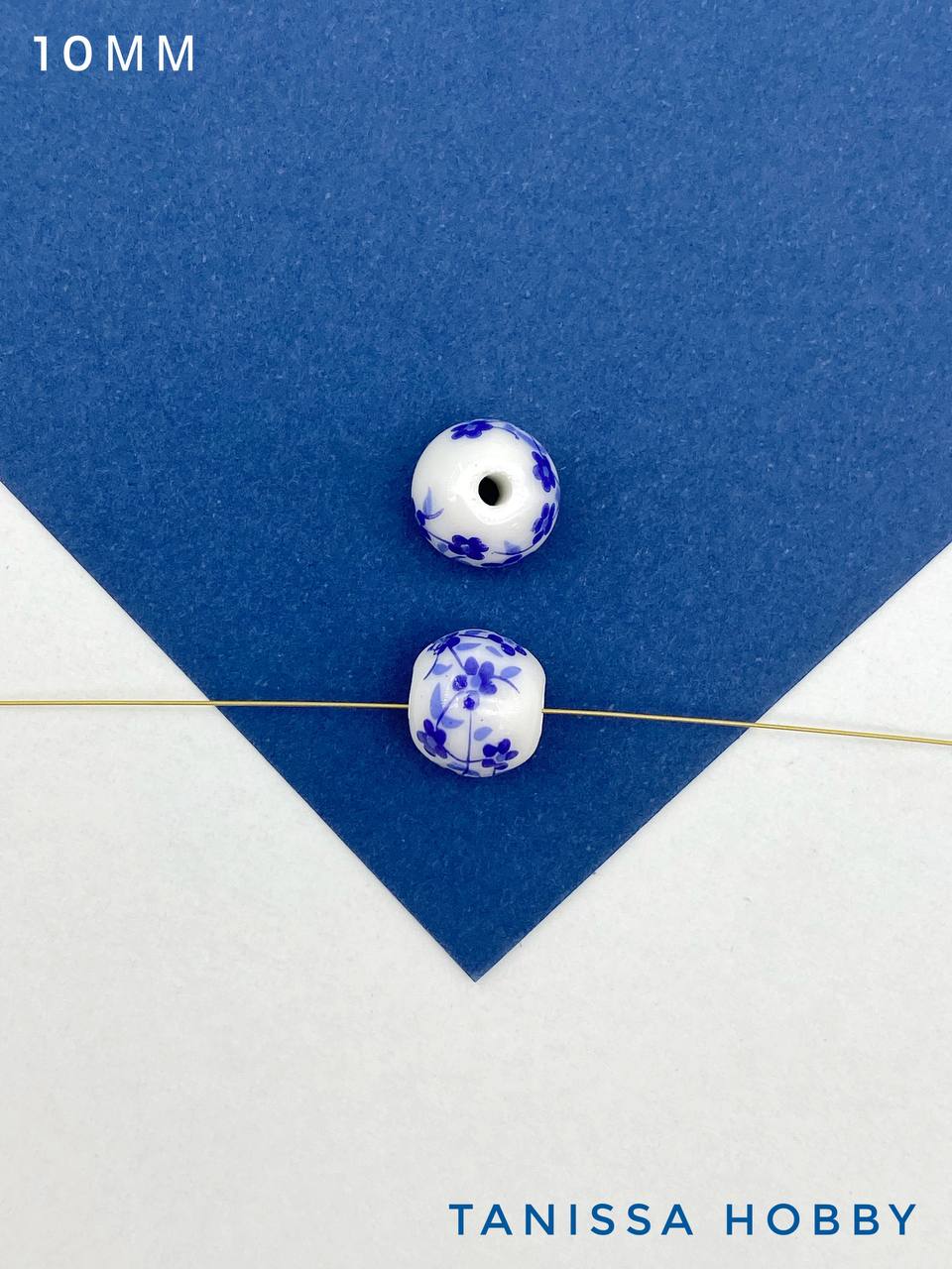 Бусина фарфоровая, керамика, 10мм, круглая, синий, гжель, штука, П248