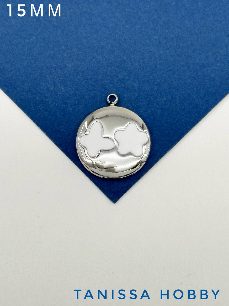 Подвеска монетка цветок и бабочка, 15мм, белая эмаль, сталь, Ч818