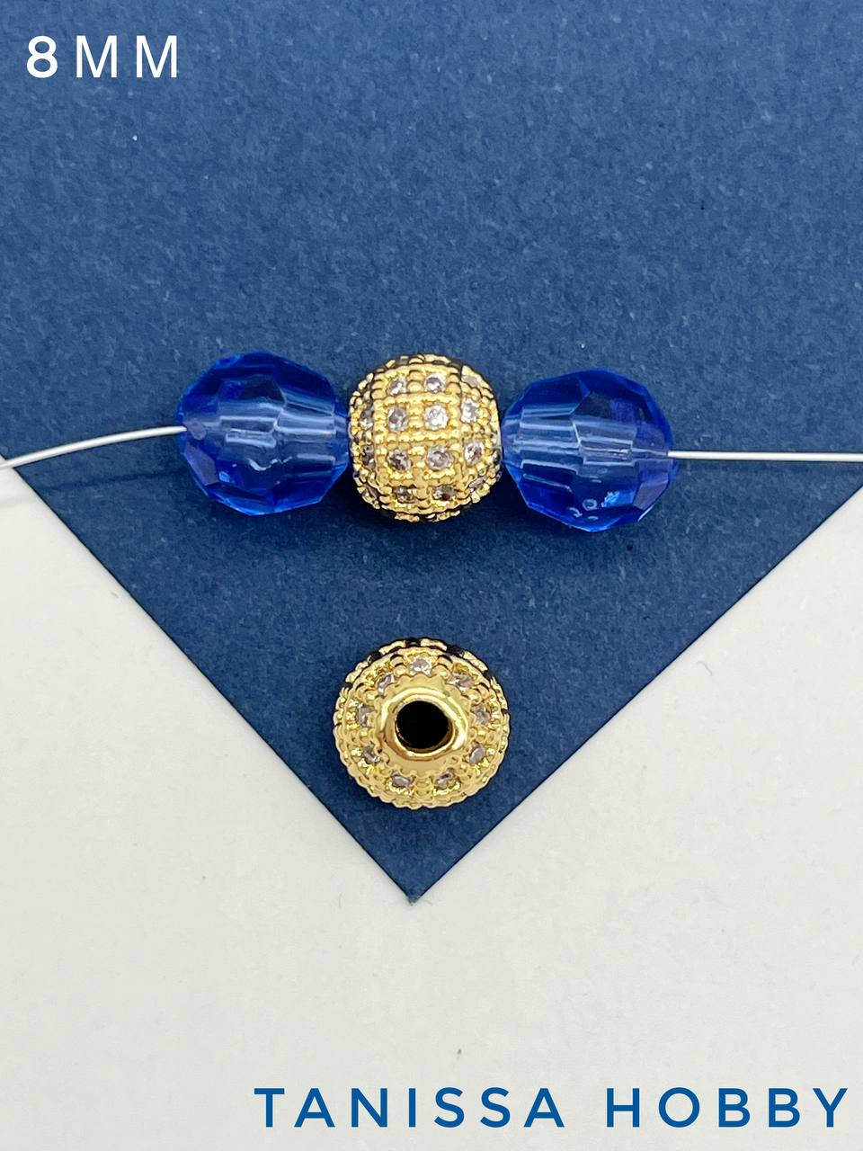 Бусина разделительная, круглая, с фианитами, 8мм, позолота, Р308