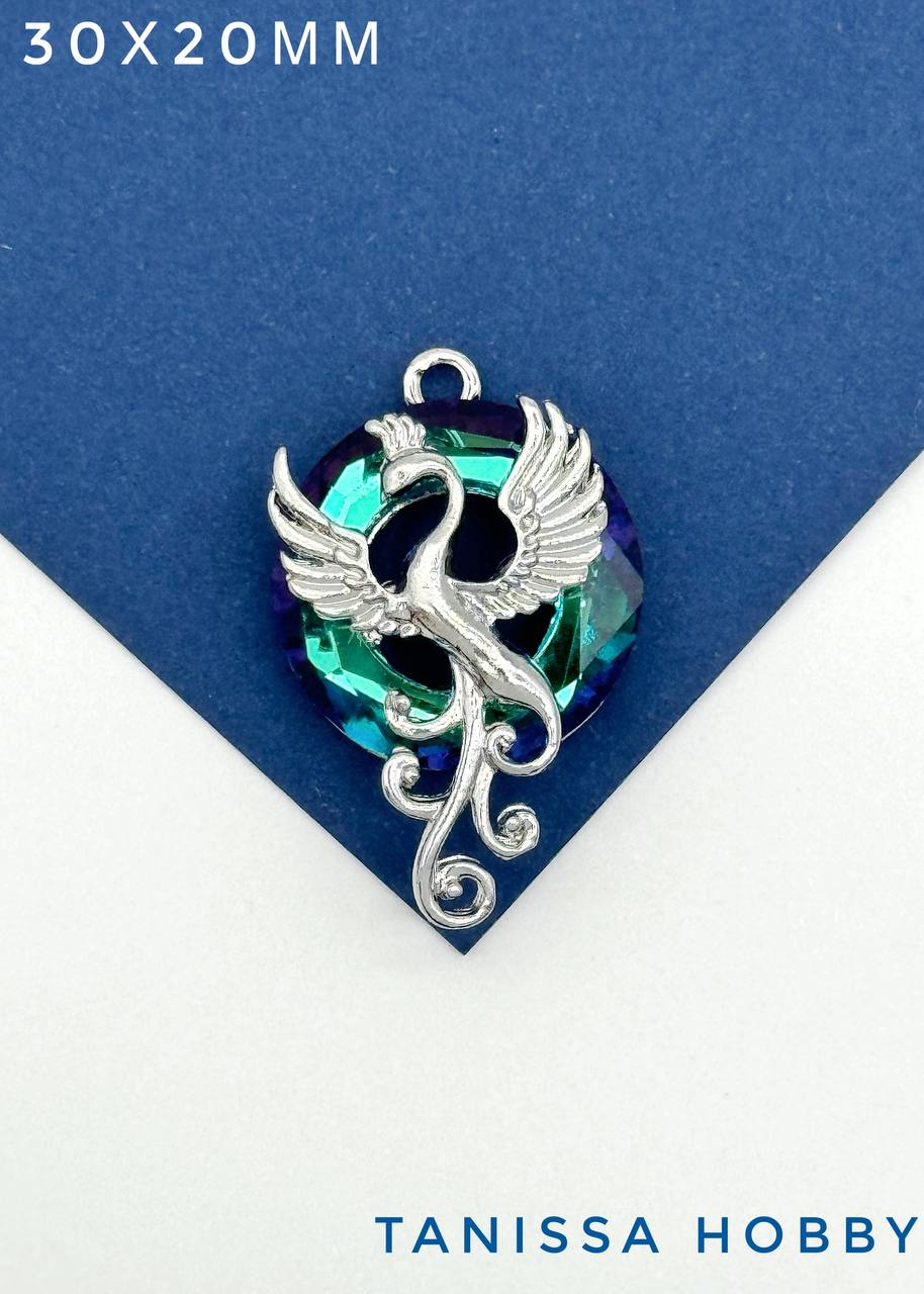 Подвеска птица Феникс, рондель Bermuda blue, родий, Д143