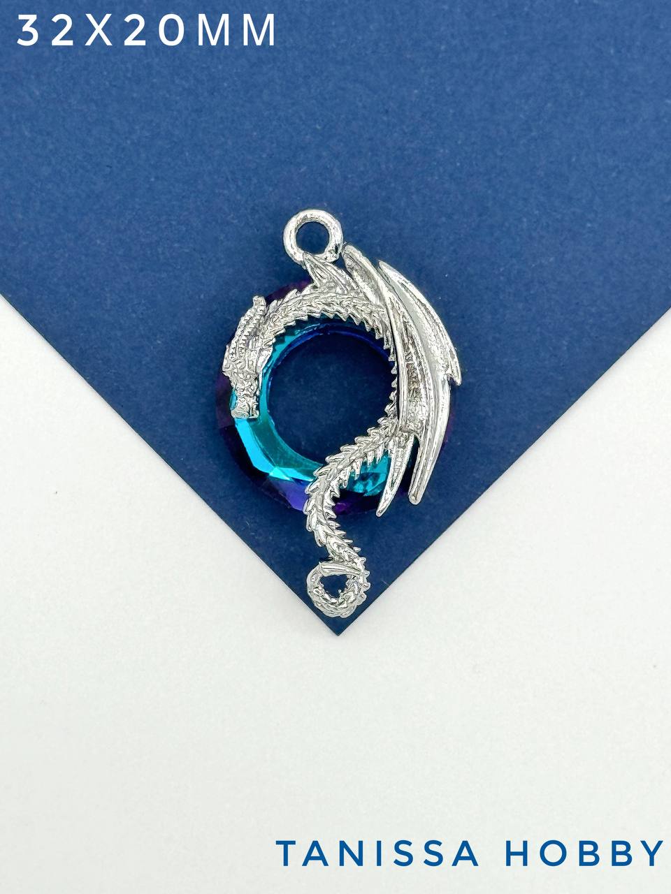 Подвеска Дракон, рондель Bermuda blue, родий, Д149