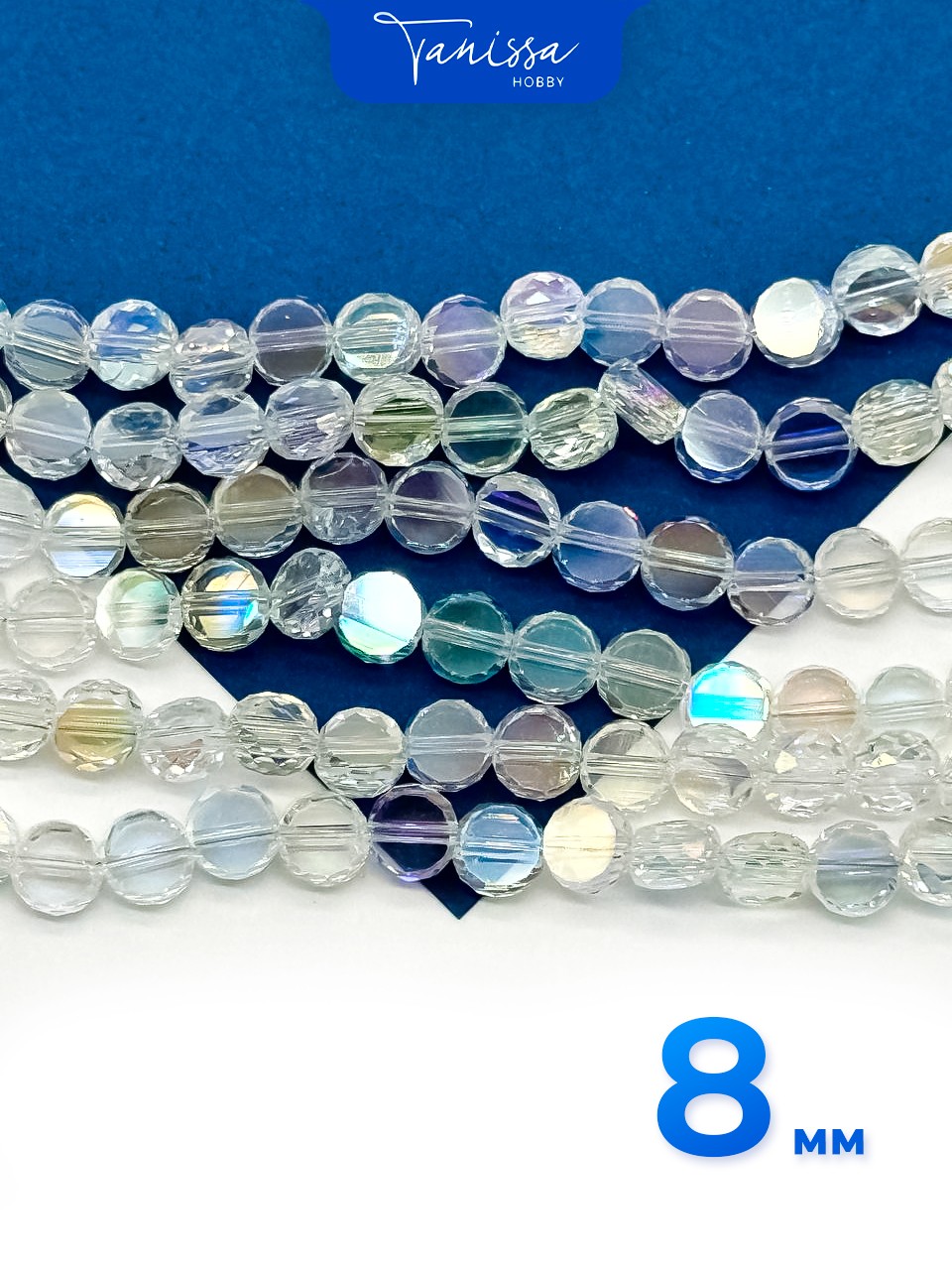 Хрусталь диск, круглый плоский, прозрачный АВ, 8мм, нить, Х304