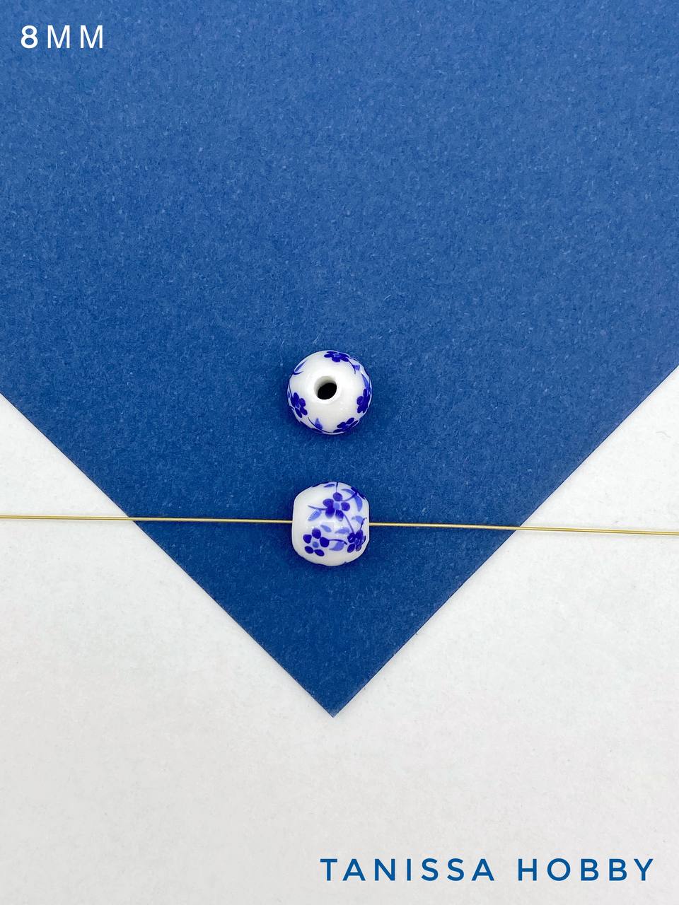 Бусина фарфоровая, керамика, 8мм, круглая, синий, гжель, штука, П249