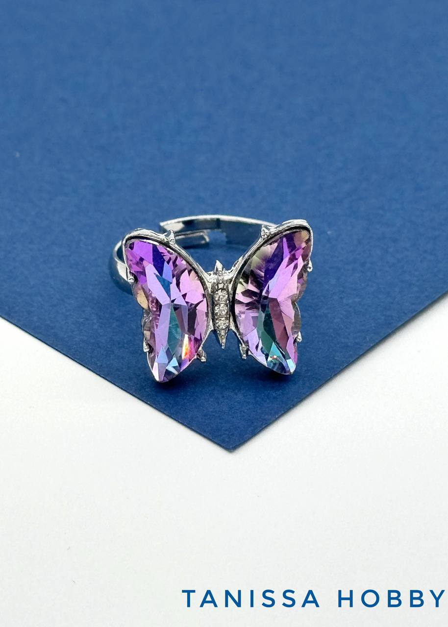 Кольцо безразмерное бабочка, Vitral light, родий, У086