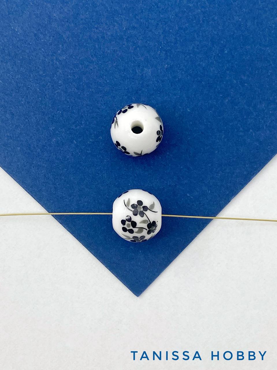 Бусина фарфоровая, керамика, 10мм, круглая, черный, гжель, штука, П301