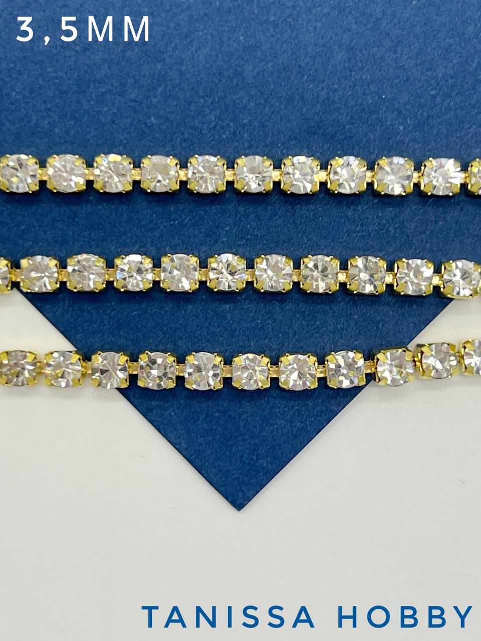 Стразовая лента цепочка SS14 3,5мм прозрачный/ золото, 10см, СТ038