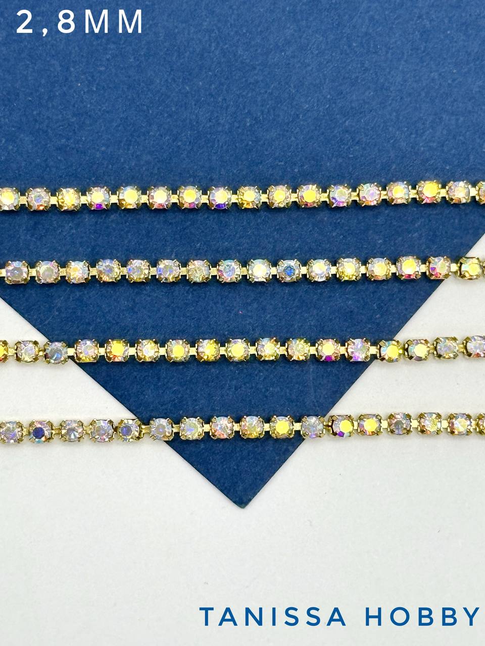 Стразовая лента цепочка SS10 2,8мм прозрачный АВ/золото 10 см. СТ034