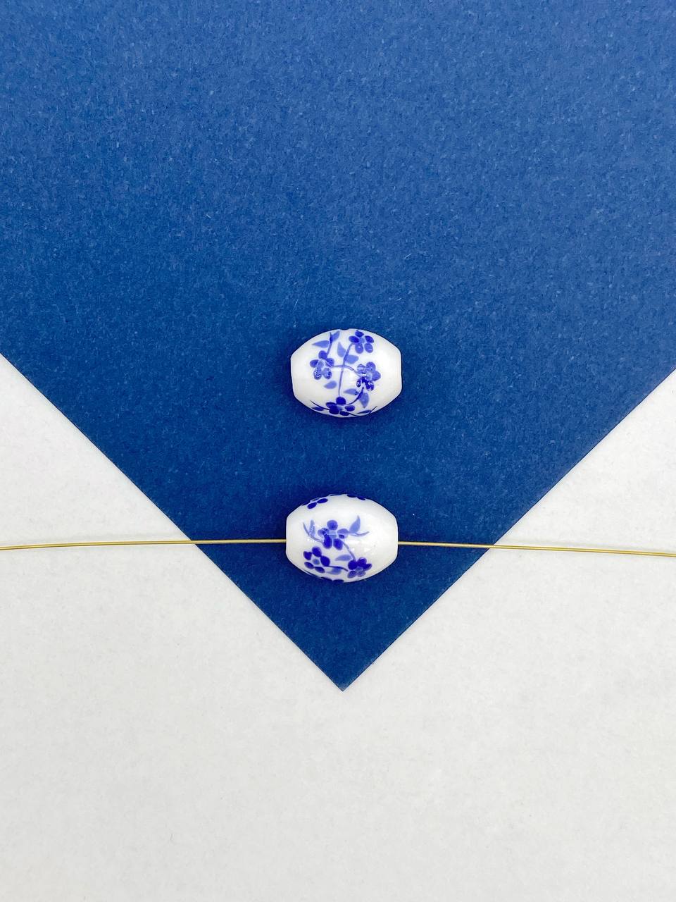 Бусина фарфоровая, керамика, 10х8мм, овал, рис, синий, гжель, штука, П254