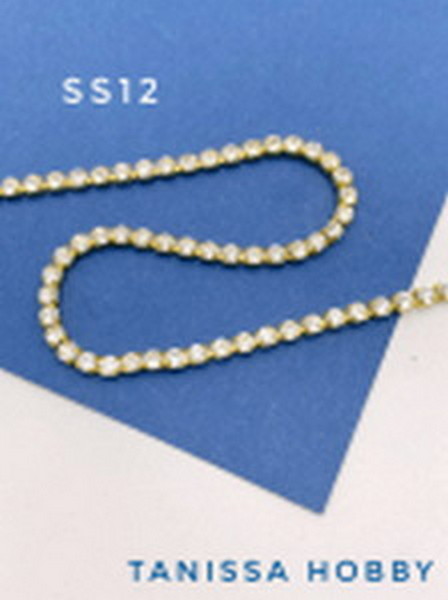 Стразовая лента цепочка SS12 3мм прозрачный/золото 10см. СТ008