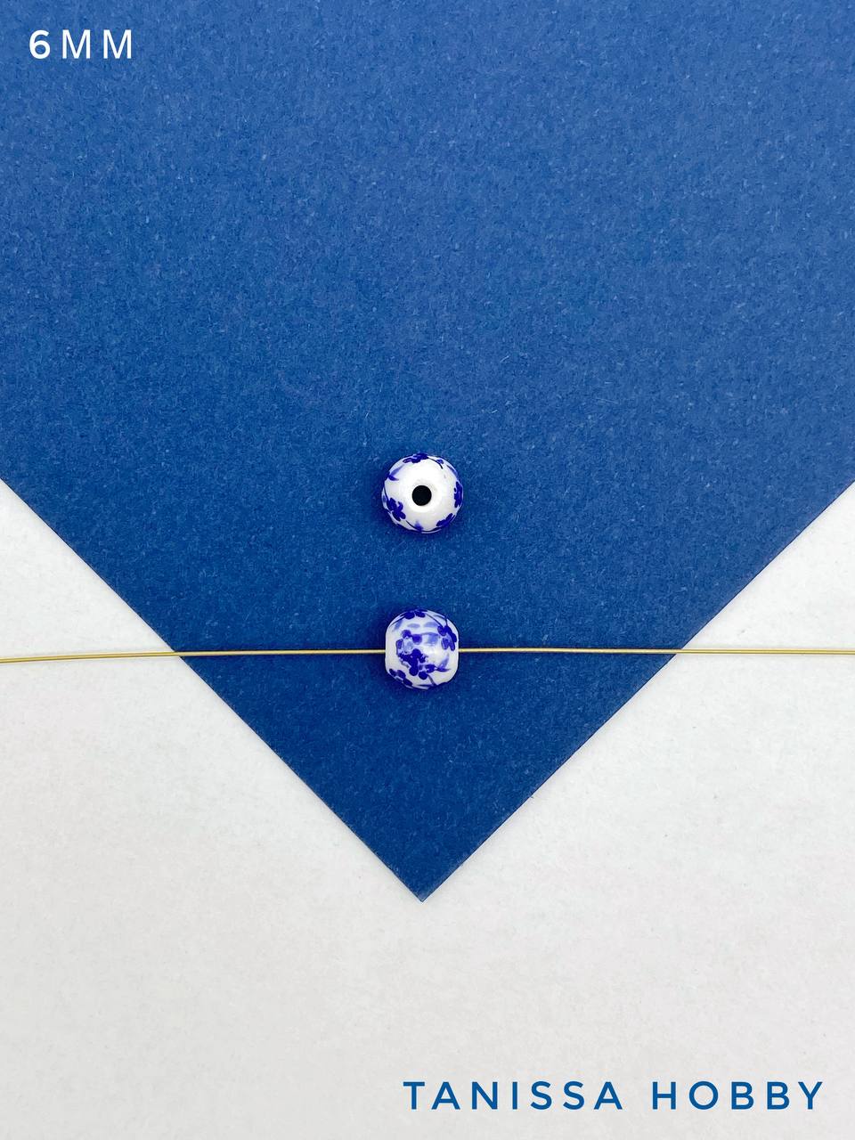 Бусина фарфоровая, керамика, 6мм, круглая, синий, гжель, штука, П250