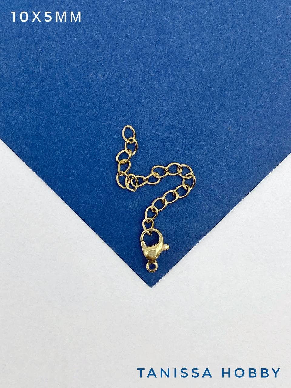 Карабин замок лобстер 10х5мм с цепочкой удлинения, сталь, позолота, Ш319