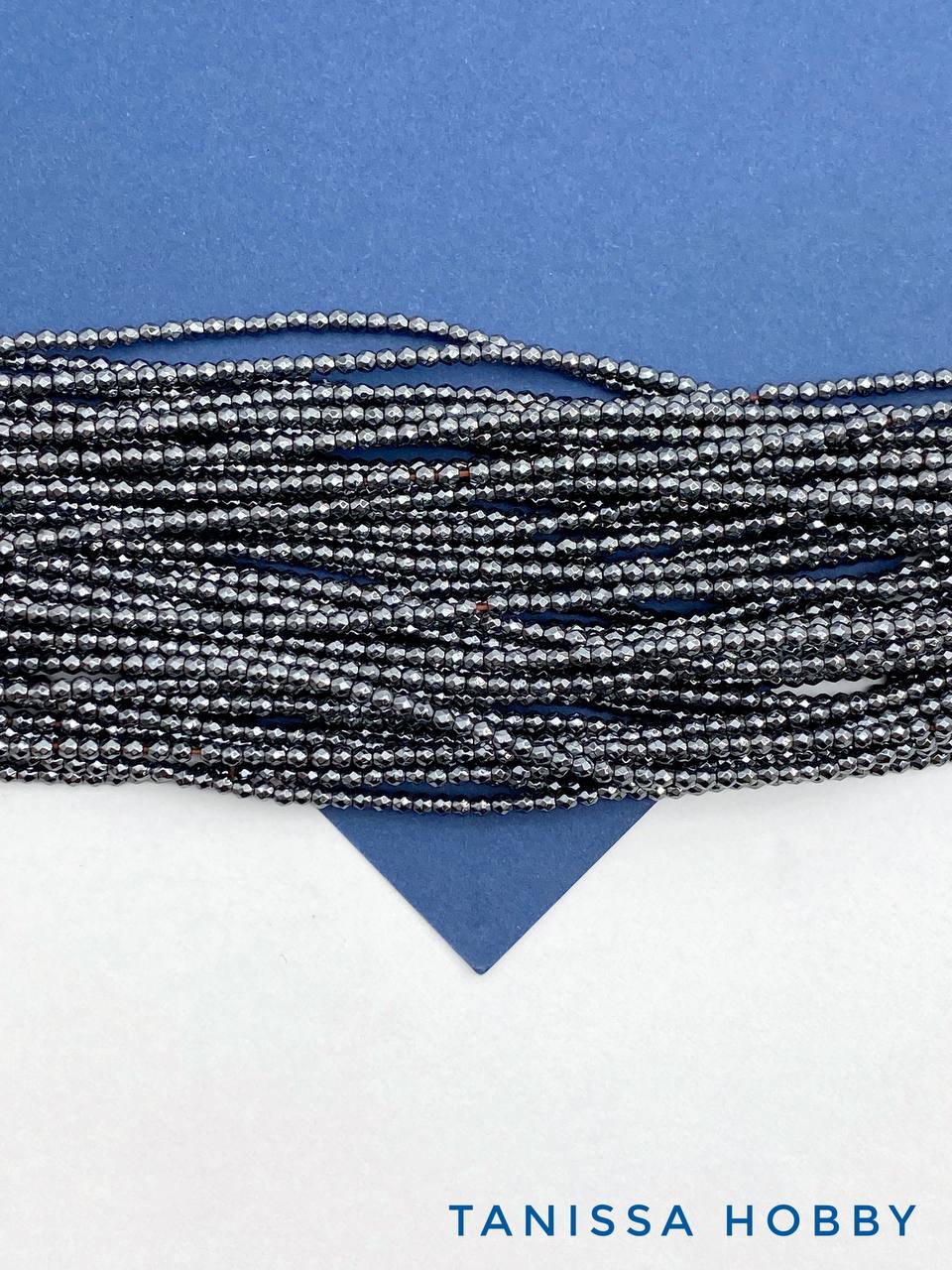 Гематит, гематин, огранка, бусины круглые 2мм, черный, нить, ГТ021