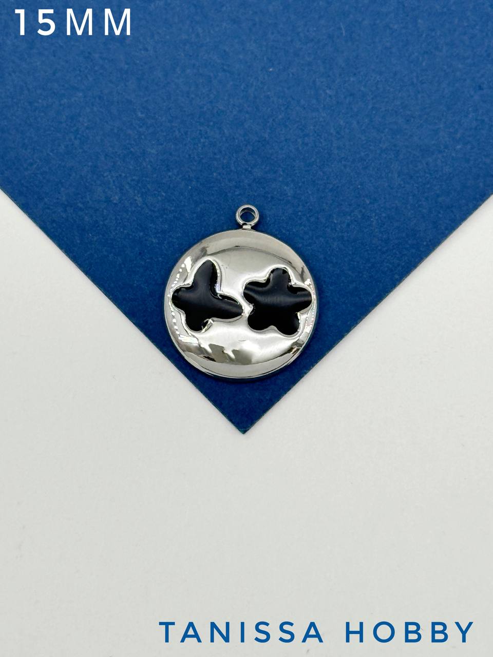 Подвеска монетка цветок и бабочка, 15мм, черная эмаль, сталь, Ч817