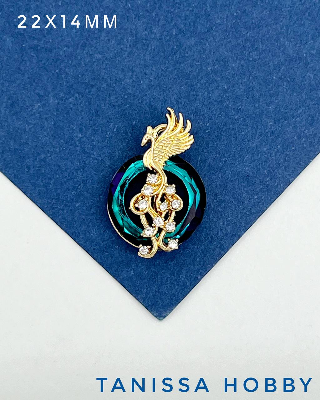 Подвеска птица Феникс, рондель Bermuda blue, позолота, Д140