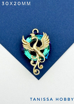 Подвеска птица Феникс, рондель Bermuda blue, позолота, Д144